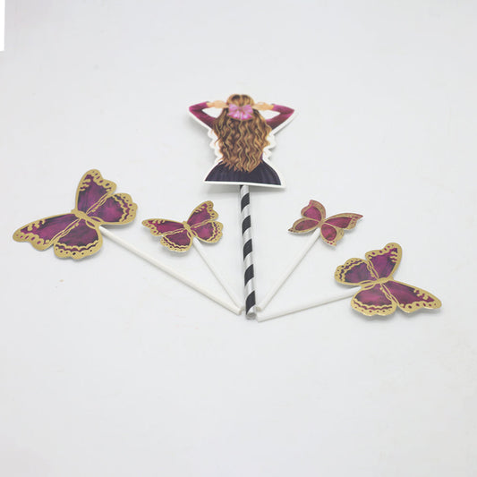 Purple Butterfly And Girl Cake topper 5 Pcs Set