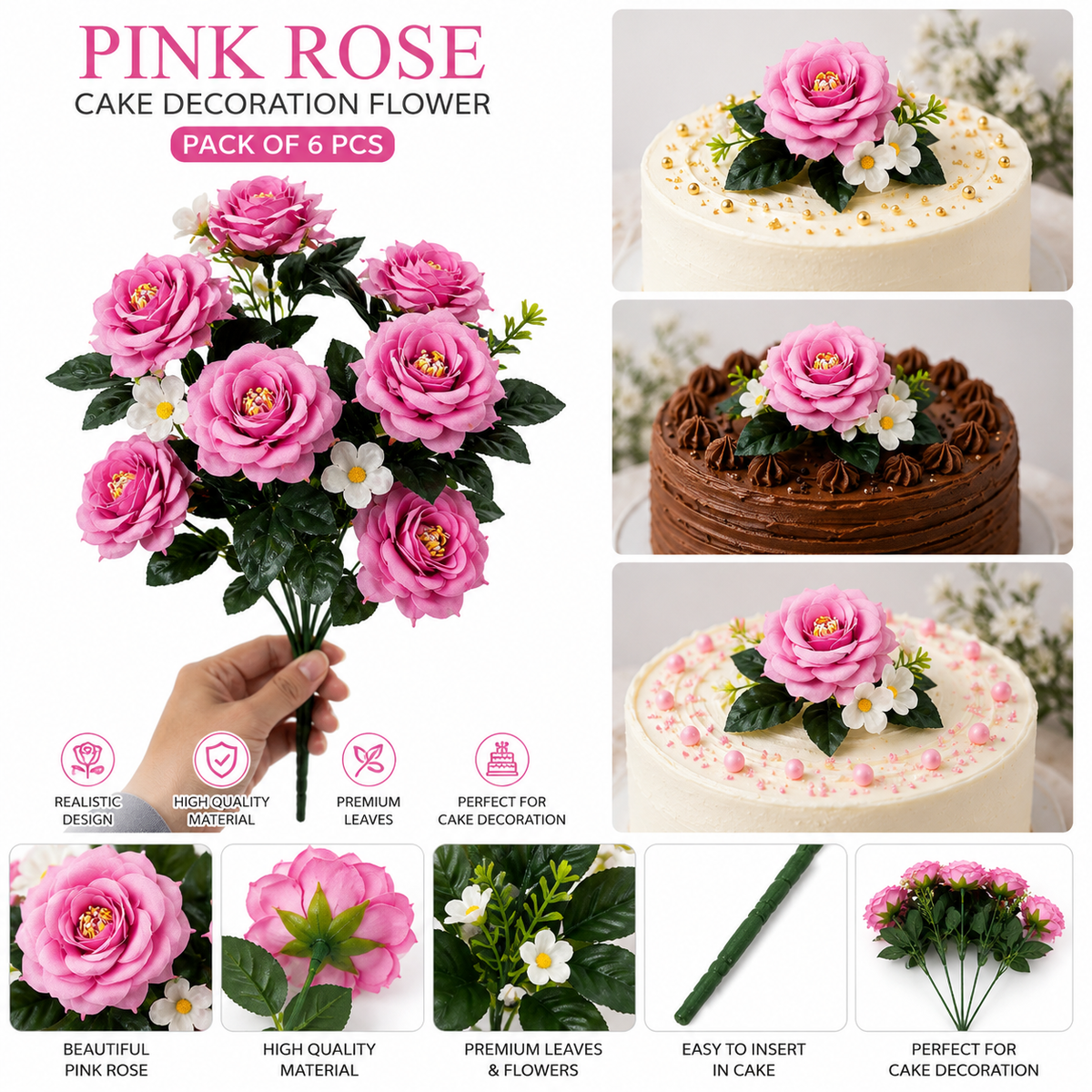 Pink Rose Cake Decoration Flower – Artificial Rose Cake Topper | Pack of 6 Pcs