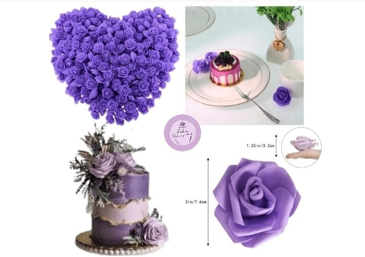 Collage of purple flowers and a cake with a heart-shaped arrangement on a white background.