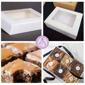 White cake boxes with clear window and brownies inside, branded 'Baking House'.
