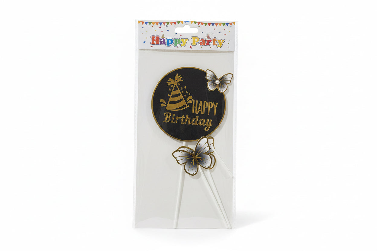 Black Happy Birthday & Black Butterfly Cake Topper