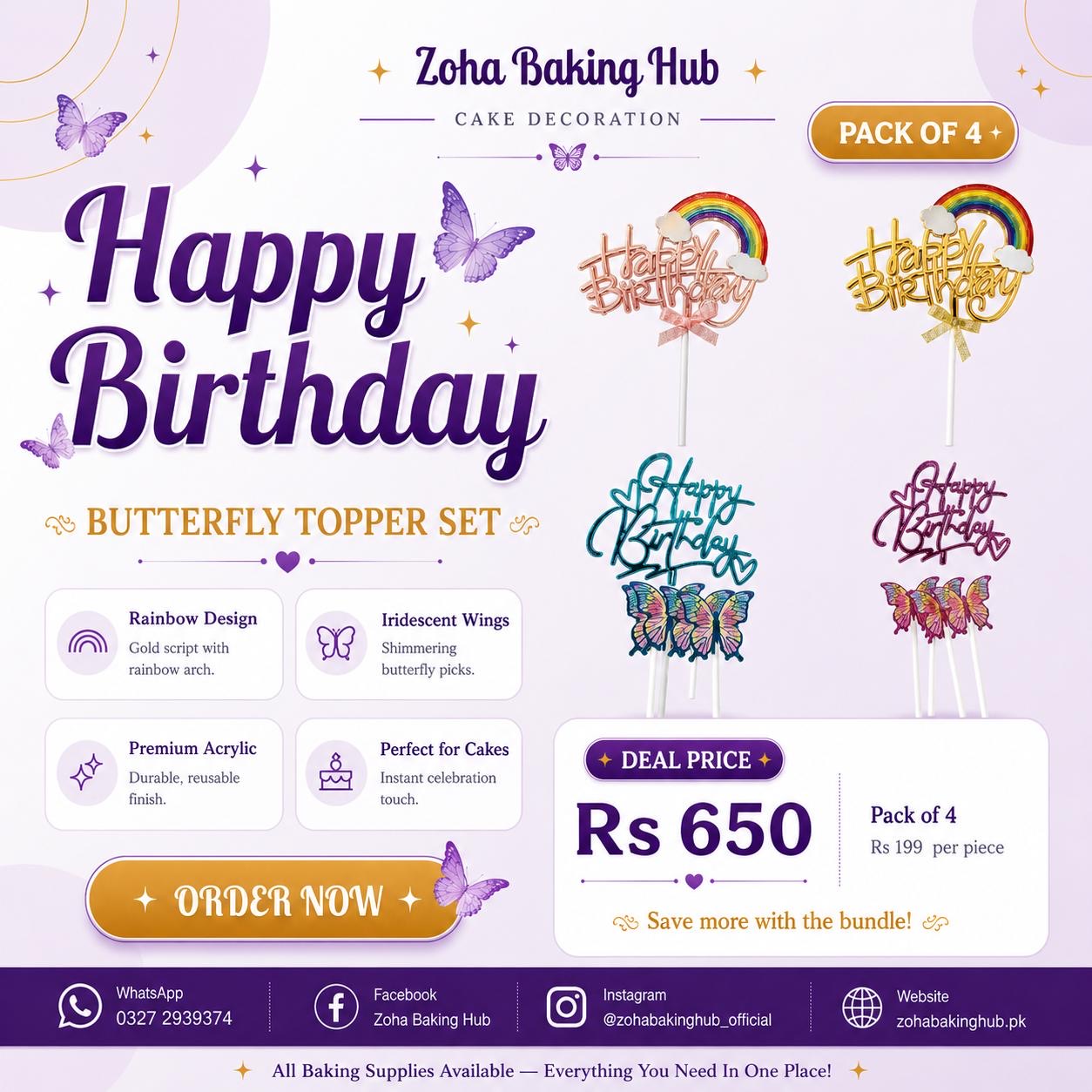 Colourfull Happy Birthday Topper With butterfly ( Pack of 4pieces)