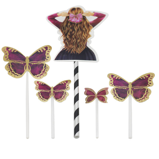 Purple Butterfly And Girl Cake topper 5 Pcs Set