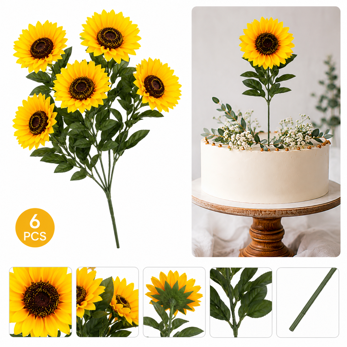 Sunflower Cake Decoration – Artificial Flower Cake Topper Bunch | Pack of 6 Pcs