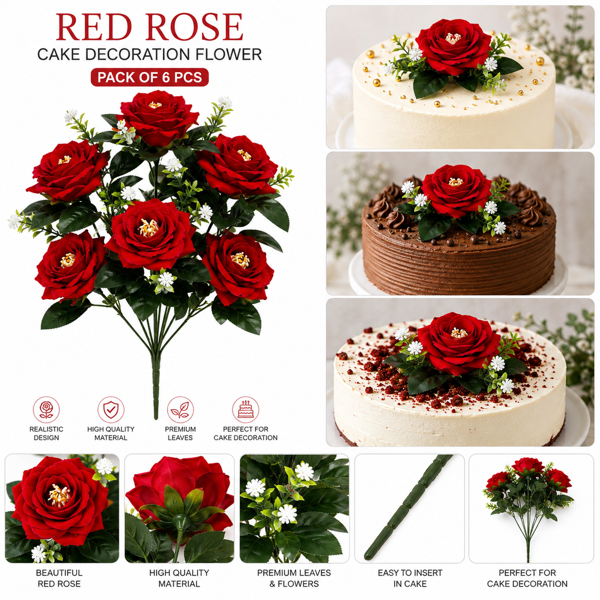 Red Rose Cake Decoration Flower – Artificial Rose Cake Topper | Pack of 6 Pcs