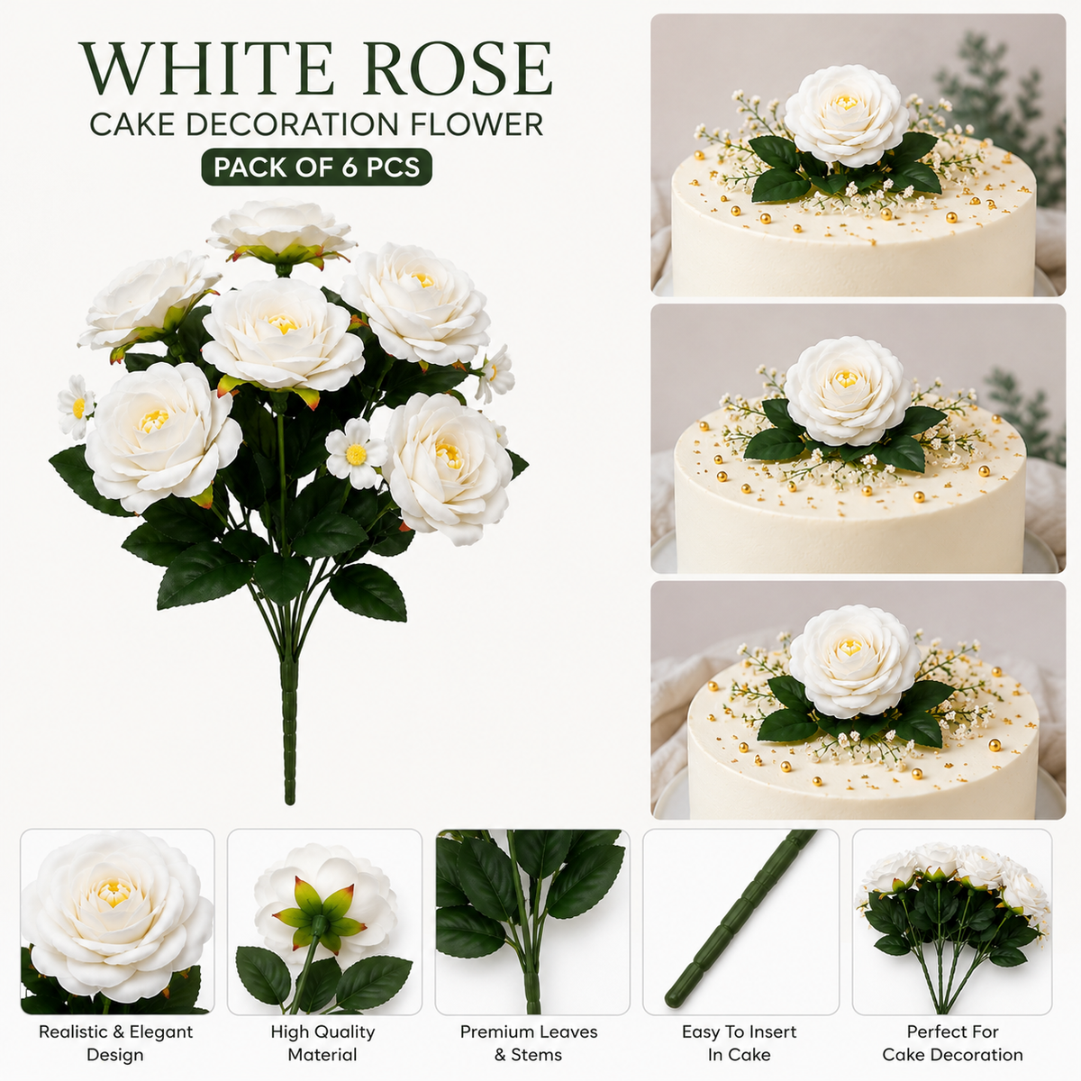 White Rose Cake Decoration Flower – Artificial Rose Cake Topper | Pack of 6 Pcs