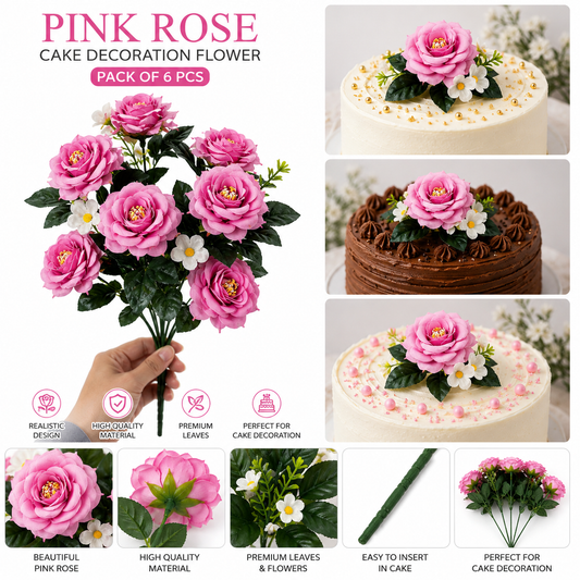 Pink Rose Cake Decoration Flower – Artificial Rose Cake Topper | Pack of 6 Pcs