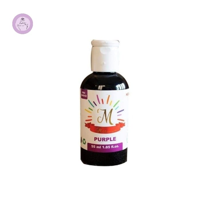 Bottle of purple paint with a colorful label on a white background