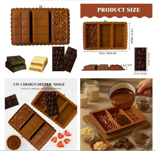 3 in 1 Dubai Deep Chocolate Bar Silicone Mold