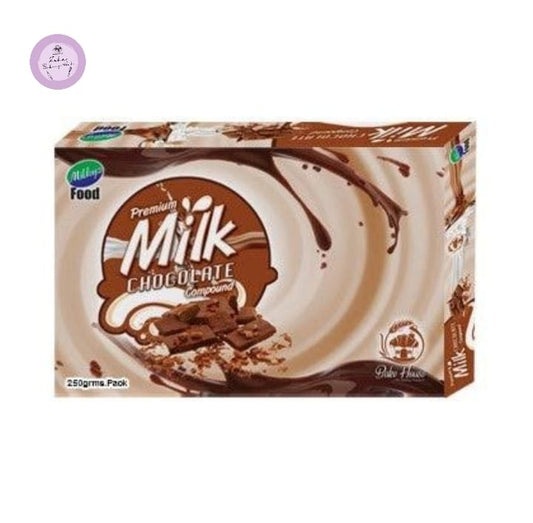 Box of milk chocolate compound with a visible brand logo on a white background