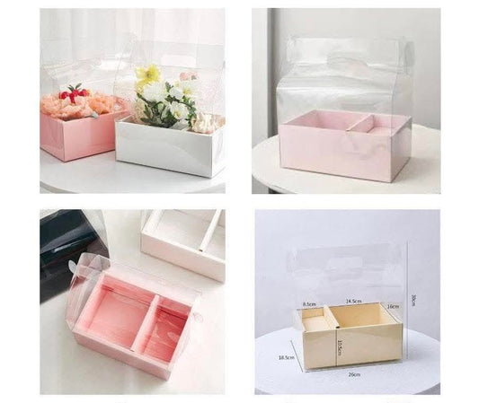 Collage of pink and clear storage boxes with floral arrangements and measurements.