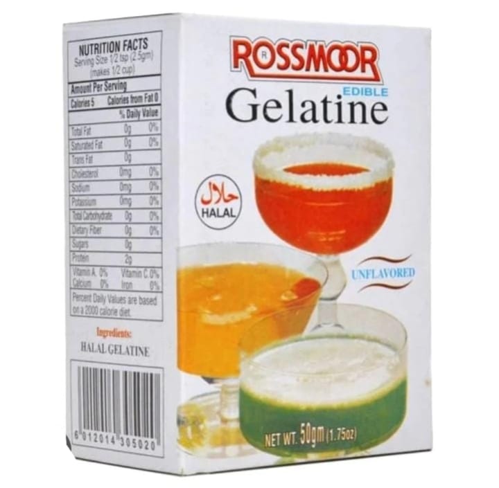 Box of Rossmoor Edible Gelatine with images of gelatin desserts on a white background