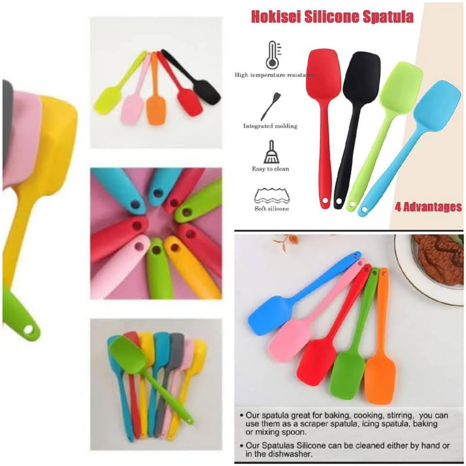 Collage of colorful silicone spatulas with text highlighting features and uses.