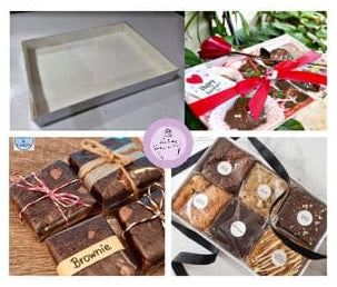 Collage of brownies, a baking tray, and a gift box with a red ribbon on a white background.