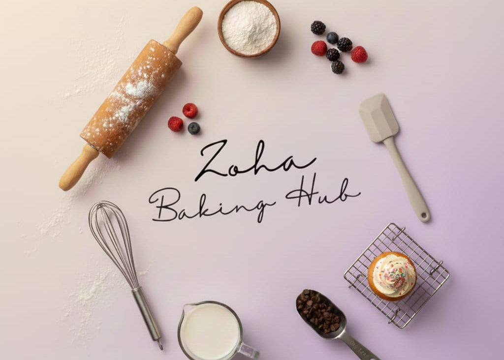 Baking tools and ingredients with 'Zoha Baking Hub' text on a light background